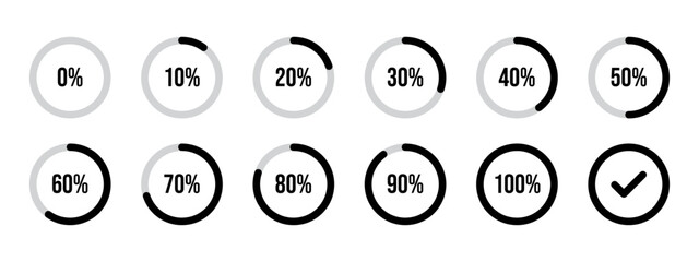 Circle loading and circle progress collection. Set of circle percentage diagrams for infographics, 0 10 20 30 40 50 60 70 80 90 100 percent. Infographic circles in black color.