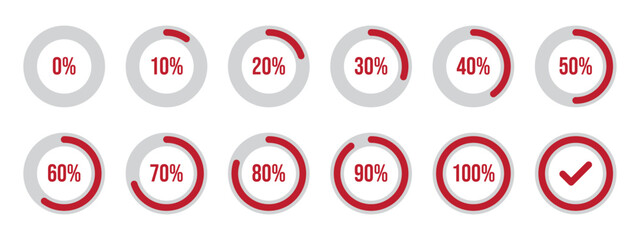 Circle loading and circle progress collection. Set of circle percentage diagrams for infographics, 0 10 20 30 40 50 60 70 80 90 100 percent. Infographic circles in red and grey color. - obrazy, fototapety, plakaty