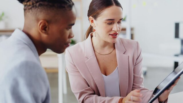 Tablet, conversation and business people collaboration, consulting or teamwork on project analysis. Partnership team, discussion and black man, woman or mentor explain employee onboarding process