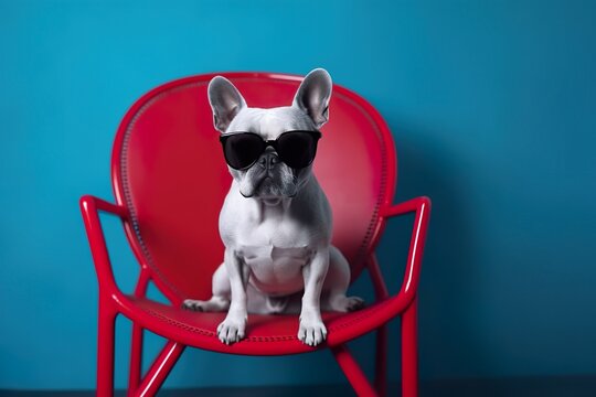 La definici&oacute;n de cool: Bulldog franc&eacute;s posando con estilo en su silla roja, gafas de sol puestas y actitud imparable. IA generativa.
