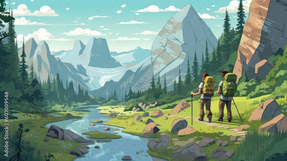 Wall mural Hiking and trekking: Illustrations depict people exploring scenic trails and hiking routes, inviting viewers to embrace the physical and mental challenges of nature exploration. Generative AI