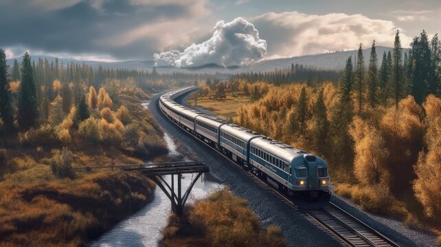 Journeys through nature: Pictures showcase trains traveling through scenic landscapes, capturing the beauty of nature along the way. Generative AI