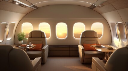 Modern comforts. Pictures portray comfortable airplane cabins with cozy seating, entertainment systems, and amenities, emphasizing the convenience and luxury of air travel. Generative Ai