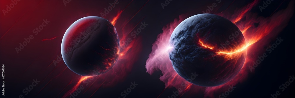 Wall mural background explosion collision of two planets in the sky (red and white)