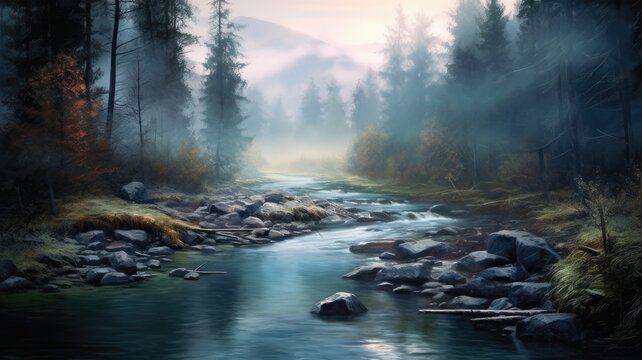 Flowing serenity: Images portray calm and winding rivers, evoking a sense of peace and tranquility. Generative AI