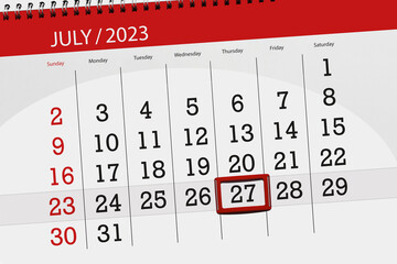 Calendar 2023, deadline, day, month, page, organizer, date, July, thursday, number 27