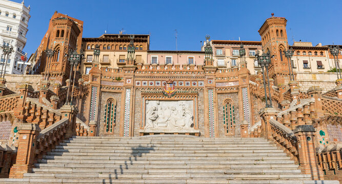 Front of the historic Escalinata del Ovalo (Oval Stairs) of Teruel, Spain