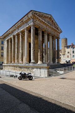 VIENNE, FRANCE, May 26, 2023 : The Temple of Augustus and Livia is a Roman peripteral hexastyle Corinthian temple built at the beginning of the 1st century.