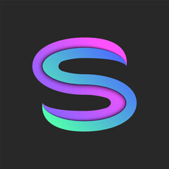 Artistic letter S logo made of layers of bright paper on black background, alphabetic mark with vibrant gradient with shadows, creative design for t-shirt print or trendy sticker.