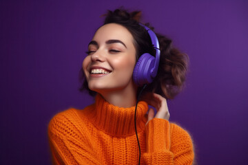 Fototapeta premium Attractive Girl With Closed Eyes Listening To Music With Headphones. Generative AI