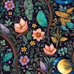 Fototapeta na wymiar Celestial elements with earthly botanical elements like flowers, plants. Seamless pattern background for textiles, fabrics, covers, wallpapers, print, gift wrapping