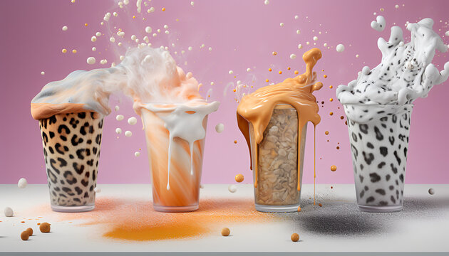 Imagine three captivating photos that showcase a delightful array of drinks, including various milk teas and coffees. Each photo is infused with the style of wavy resin sheets