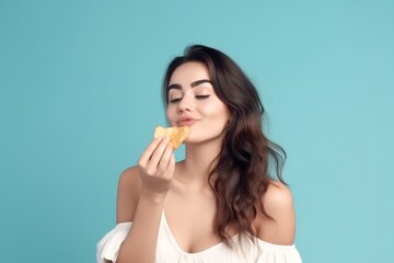 Woman eating chips person. Generate Ai