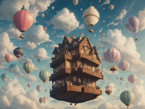 A picture of a whimsical floating library in the sky, volume one created with generative ai, ki