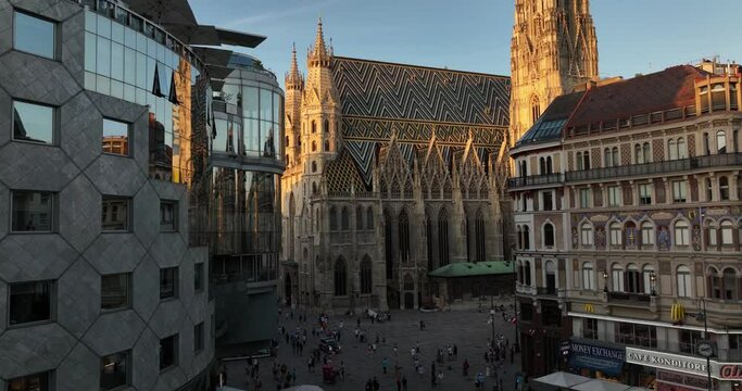Aerial of Toward and Over St. Stephen's Cathedral in Vienna, Austria. Stephen's Cathedral, history famous buildings Vienna and Austria top view from drone.