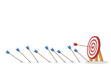 Arrow Hitting Center Of Target. Business challenge failure and success concept. Blue arrows missed hitting target and only red one hits the center.