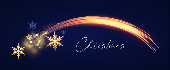 Merry Christmas shining celeration with motion light and gold snowflakes.