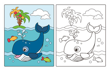 Naklejka premium Coloring page with cute cartoon whale and fishes. Coloring book with line black and white illustration and colorful example for kids.