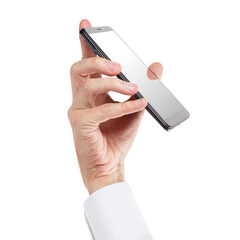 Hand holding black smartphone, cut out