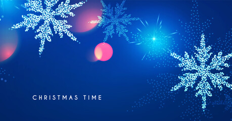 Merry Christmas and Happy New Year design with snowflakes and lights. Shining winter background.