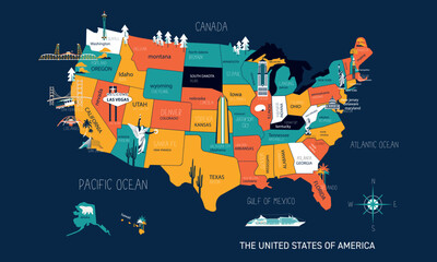Poster map of United States of America with state names. USA cartoon travel map vector illustration of geographic themes with landmarks, cities, roadmap. Infographic concept with country navigator.