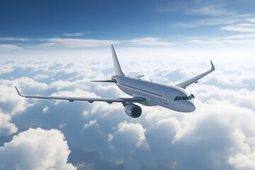 Fototapeta na wymiar White airplane jet flying high above Cumulus clouds and blue sky. Generative AI.