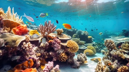 Fototapeta na wymiar Coral reefs: Images portray vibrant and colorful coral reefs, home to a variety of marine life, showcasing the beauty and fragility of underwater ecosystems. Generative AI
