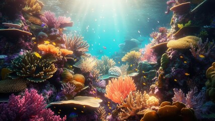 Obraz premium Coral reefs: Images portray vibrant and colorful coral reefs, home to a variety of marine life, showcasing the beauty and fragility of underwater ecosystems. Generative AI