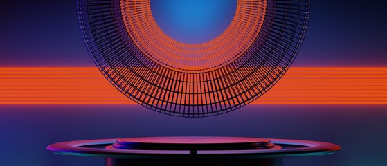 3d illustration rendering of futuristic cyberpunk display, gaming scifi stage pedestal background, gamer banner sign of neon glow stand podium for product