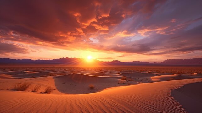 Desert sunsets: Pictures showcase breathtaking sunsets over desert horizons, creating a warm and serene atmosphere. Generative AI