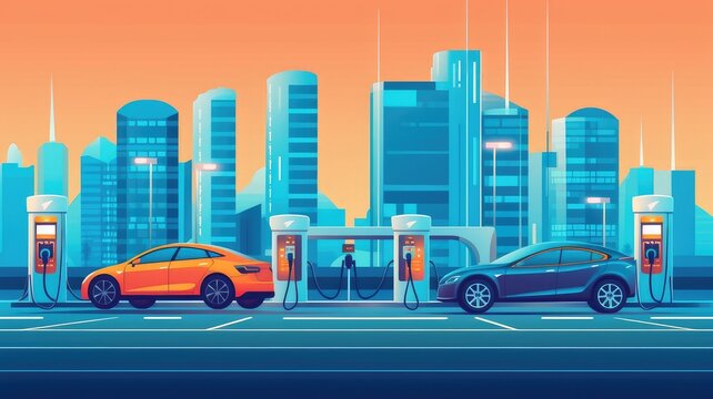 Electric Vehicles: An image illustrating electric vehicles, showcasing electric cars, charging stations, and the transition to sustainable transportation. Generative AI