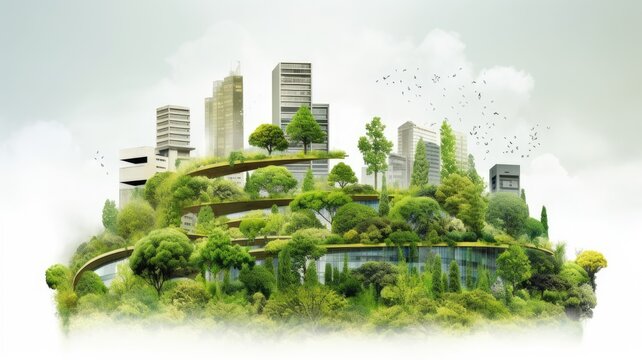 Energy-Efficient Buildings: An image illustrating energy-efficient buildings, featuring green architecture, renewable energy integration, and the reduction of carbon emissions. Generative AI