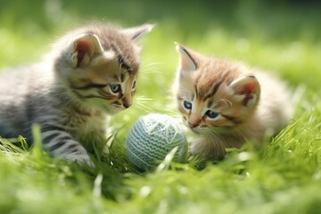 Kittens Play with a Ball of Wool on the Grass, Generative AI