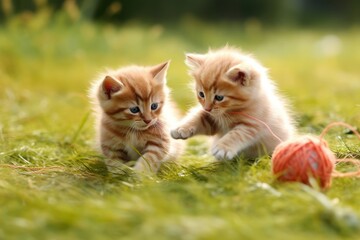 Fototapeta na wymiar Kittens Play with a Ball of Wool on the Grass, Generative AI