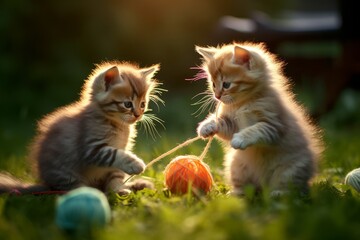 Kittens Play with a Ball of Wool on the Grass, Generative AI