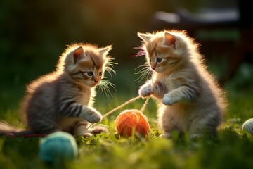 Obraz premium Kittens Play with a Ball of Wool on the Grass, Generative AI