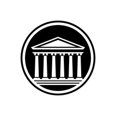 Ancient Roman or Greek architecture temple style building. Rounded design, black and white. 