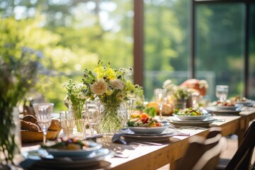 Fototapeta premium Romantic table setting with candles and flowers