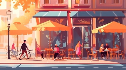 Paris city street cafe , people relaxing and walking on street sun flares ,view from window on city,women in summer dresses ,bright,colors ,pedestrian walk and sit in street cafe ,generated ai
