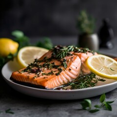 Obraz na płótnie Canvas Grilled Salmon with Lemon and Herb, A minimalist, professional photograph of grilled salmon with a soft focus. Generative Ai