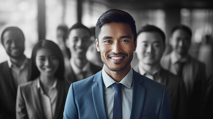 Generative AI image of an Asian man in front of blurred background, usage as promo advertisement to attract certain gender and ethnicity for hiring