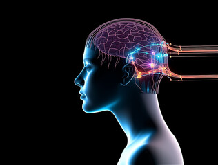Obraz premium A person with a Neuralink in brain computer interfaces technology, generative AI