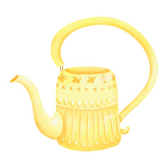 Watercolor yellow watering can for indoor flowers. Delicate ornament and elegant handle. Tool for home garden. Taking care of indoor flowers. Vessel for water. Hand-drawn garden tool for your design.