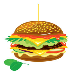 Duży burger z dodatkami. Hamburger z mięsem, serem, warzywami, ketchupem i majonezem. Chrupiący smaczny cheeseburger, danie z fast food. Pyszny lunch, obiad, amerykańska przekąska.