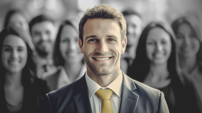 Generative AI image of a Caucasian man in front of blurred background, usage as promo advertisement to attract certain gender and ethnicity for hiring
