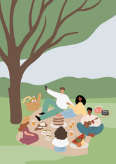 Summer picnic printable poster, People, couples, friends, and families enjoying a picnic in park vector illustration clipart, Images in flat cartoon style, Digital download cards