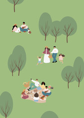 Obraz na płótnie Canvas Summer picnic printable poster, People, couples, friends, and families enjoying a picnic in park vector illustration clipart, Images in flat cartoon style, Digital download cards