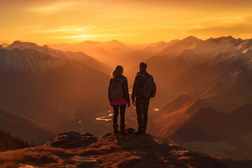 Obraz premium silhouette of a couple walking in the mountains, Generated AI