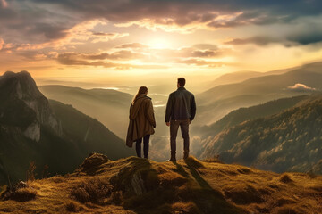 couple on top of a mountain looking at an mountains, Generated AI