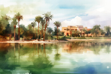 A serene watercolor depiction of an oasis with palm trees and a tranquil water reflection, watercolor style, Islamic, Islamic background, Eid-al-Adha Generative AI - obrazy, fototapety, plakaty